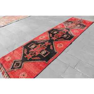 Vintage 3.3x12.4 ft Wool Turkish <b>Runner</b> Rug <b>Red</b> Patchwork Design Eco-Friendly Latex Backing - Product Image 4