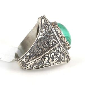 925 <b>Sterling</b> <b>Silver</b> Men's <b>Ring</b> with Natural Stone Bezel <b>Set</b> Engraved Malachite Gemstone Everyday Wear Jewelry - Product Image 3