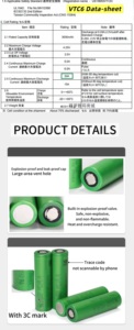 Us18650 VTC6 3000 mAh <span class=keywords><strong>3.6V</strong></span> 35A cao xả <span class=keywords><strong>Lithium</strong></span>-ion có thể sạc lại pin được sử dụng cho các công cụ điện 18650 không có ý kiến nào - Product Image 3