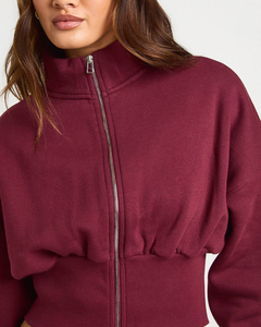 Sudadera Corta con Capucha para Mujer, Color Borgoña Sólido, con Logotipo Personalizado, Lavado Ácido, Forro Polar, Cremallera de Latón, Estilo Urbano, Venta al por Mayor - Product Image 6