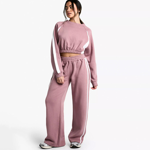 Conjunto de chándal de pierna ancha recortada de color rosa polvoriento con paneles de longitud completa para mujer Sudadera con capucha transpirable y pantalones de chándal Nuevo conjunto de ropa deportiva para gimnasio - Product Image 1