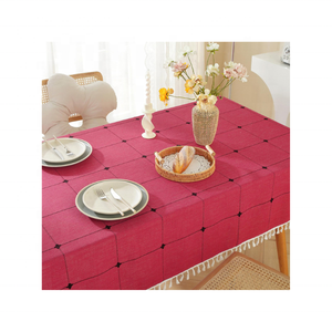 Mantel biodegradable de algodón 100% con borlas, rejillas Rojas bordadas, 70x108 pulgadas, secado rápido, reutilizable para organizar eventos - Product Image 1