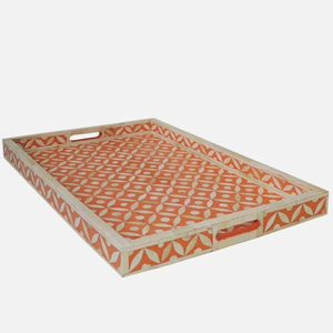 Plateau d'incrustation d'os orange fabriqué à la main Design traditionnel Assiette de service décorative de luxe Organisateur de maison Présentoir d'Inde - Product Image 1