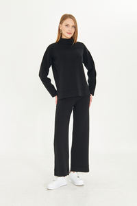 ชุดเสื้อสเวตเตอร์และกางเกง2ชิ้นสำหรับผู้หญิงชุดเสื้อถักแขนยาวเอวยางยืดชุดเสื้อถักขากว้างมีสไตล์ - Product Image 5