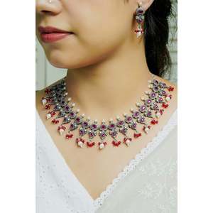 Kolhapuri Work Silver <b>Necklace</b> Set with <b>Ruby</b> Kota-Stone for Weddings - Product Image 1