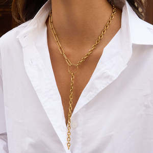 Collar Moderno Lineal Asimétrico en Forma de Y de J&D, Chapado en Oro de 18K, Acero Inoxidable, Cadena Geométrica con Colgante de Cuerda, Diseño de Collar Moderno - Product Image 6