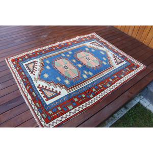 Alfombra Turca, Alfombra Vintage de 3.9x4.9 pies, Alfombra de Lana Azul Roja con Diseño de Camuflaje - Product Image 2