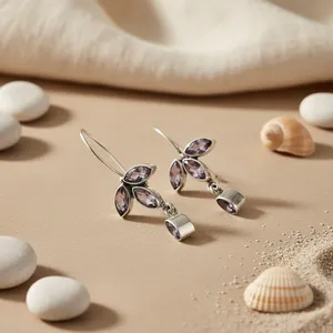 Boucles d'oreilles pendantes en argent 925 avec améthyste pour femmes, bijoux fins - Product Image 2