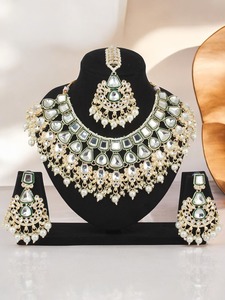 Gold Plated Kundan <b>Pearl</b> Bridal <b>Necklace</b> <b>Set</b> with Green Enamel Earrings Maang Tikka Indian Wedding Jewellery - Product Image 3