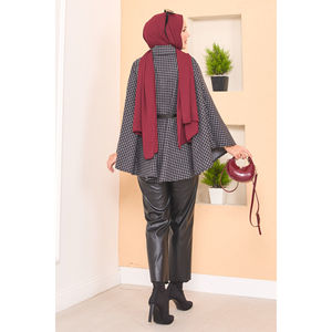 Anthracite Houndstooth Patterned Belted Hijab <b>Poncho</b> Woven Fabric - Product Image 6