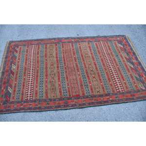 Classic <b>Red</b> Blue Kilim Wool Rug 3.8 X 6.6 ft Large Area Turkish Rectangle Hallway Pattern 10mm Thickness <b>Latex</b> Backing Room Rug - Product Image 3