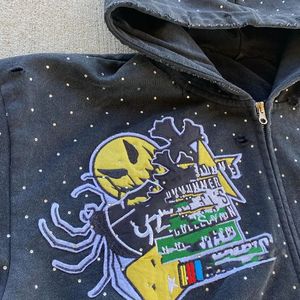 Fabricante personalizado de peso pesado desgastado bordado parche cremallera chaquetas Zip up ácido lavado Rhinestone Sudadera con capucha - Product Image 2