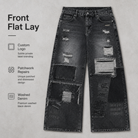 Jeans en denim à jambes larges, patchwork noir délavé, style vintage streetwear, IKDEER