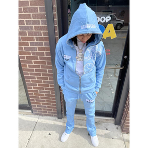 Full <b>Zip</b> <b>up</b> <b>Hoodies</b> and Flared Stacked Sweatpants Two Piece Tracksuit Set Customize Cotton Puff Print Women Unisex Sweatsuit Men - Product Image 4