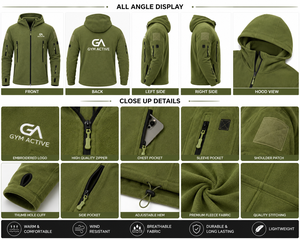 Veste en toile polaire à capuche pour homme GYM ACTIVE, vert olive, fermeture éclair intégrale, coupe-vent, décontractée, pour l'hiver et les activités de plein air - Product Image 6