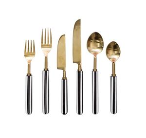 Ensemble de couverts en acier inoxydable de 6 pièces de style américain de qualité supérieure avec poignées métalliques à rayures ergonomiques Élégance plaquée or - Product Image 1