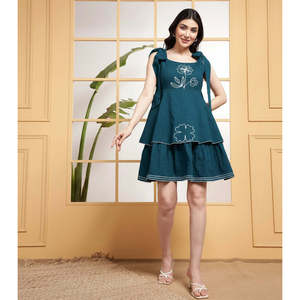 Deebaco Women's Teal Cotton Sleeveless Above Knee A-Line <b>Dress</b> With Floral Embroidery Square Neck <b>Loose</b> Fit Casual Summer Wear - Product Image 1