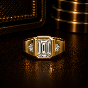 <b>Mens</b> 14K Pure Gold Emerald Cut Lab Grown Diamond 2.00 Ct IGI Certified Trillion Side Stones Bezel Set Classic Fine Women Jewelry - Product Image 1