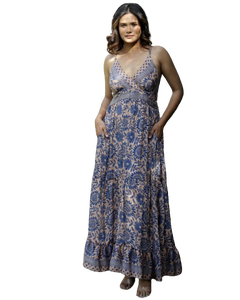 Vestido largo de mujer con estampado de seda con estampado floral llamativo, ropa de verano de espagueti, vestido largo étnico de cintura alta - Product Image 1