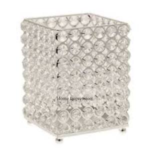 Ensemble de 2 supports de finition longs en métal argenté de la meilleure qualité avec bougeoir de forme ronde en perles de cristal et votive - Product Image 5