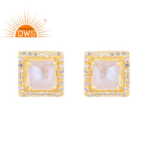 Mejor Venta de plata esterlina 18K chapado en oro Cz y Rainbow Moon Stone Gemstone Stud Earring Demi Fine Jewelry Manufacturer - Product Image 1