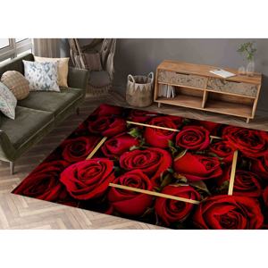 Red Rose Rug: Gold <b>Frame</b>, Floral Accent Rug, Machine Washable,With Pile Soft Rug - Product Image 1