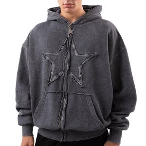 Étoile en détresse Design à la mode Sweats à capuche zippés gris surdimensionnés Street wear Style unique Logo personnalisé Taille Hommes à capuche avec fermeture éclair - Product Image 1