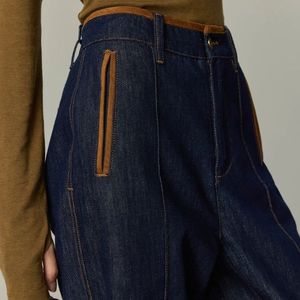 Jeans baggy en denim bleu indigo personnalisé jambe super large vintage pantalon droit long taille haute bureau élégant bouton mignon - Product Image 1