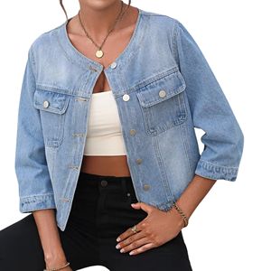 Femmes grande taille élégant col rond manches 3/4 Denim veste motif lavé pour toutes les saisons décontracté Jean vêtements d'extérieur - Product Image 3