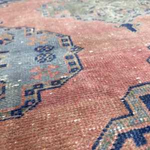 Turkish Vintage Rug, 2.9x9.5 ft Rug, <b>Red</b> Blue Floral <b>Wool</b> Rug - Product Image 5