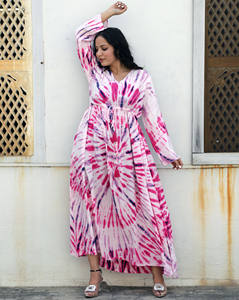 Vestido de caftán largo con tinte de corbata para mujer, vibrante y colorido, con mangas largas, cintura alta, suelto, talla Regular, vestido de caftán largo para mujer - Product Image 1