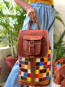 Mochila con bordado de cuero auténtico, bolso étnico de cuero, multicolor - Product Image 2