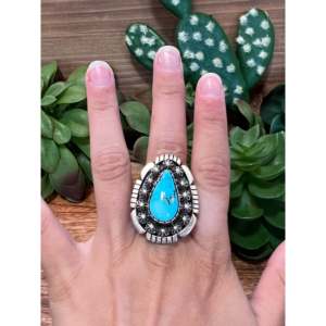 Navajo Kingman <b>Turquoise</b> & Platinum Sterling <b>Ring</b> Size 6.25 Fine Jewelry Bezel Setting Rhodium Plated Everyday Wear - Product Image 2
