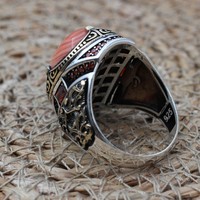 Bague de luxe pour homme en agate de feu orange, argent sterling 925 plaqué rhodium, sertissage clos, design vintage, bijoux fins, mariage
