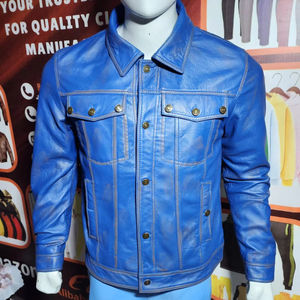 Vestes en jean en cuir bleu vieilli pour hommes, vestes en cuir de meilleure qualité, fabrication professionnelle, à prix réglable - Product Image 1