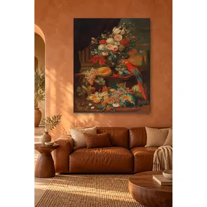 Impression sur toile de nature morte avec perroquet Fida, fruits et fleurs - Product Image 2