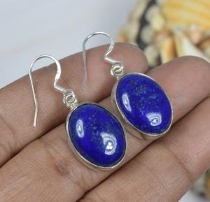 Boucles d'oreilles mode bleu Lapis Lazuli 925 argent Sterling pierres précieuses crochet boucle d'oreille bijoux faits à la main forme ovale cadeau pour noël - Product Image 2
