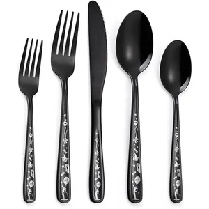 Amazon Hot Bán Số Lượng Lớn Sản Xuất Tại Giá Rẻ Giá Sang Trọng Flatware Bữa Ăn Tối Màu Đen Dao Kéo Thiết Lập Cho Tiệc Cưới Đồ Ăn Cách Sử Dụng