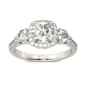 Bague de fiançailles Jeulia en argent sterling plaqué rhodium avec trois pierres halo à taille ronde - Product Image 1