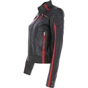 Veste en cuir noir avec poches matelassées à rayures rouges Biker Racer Designers avec broderie de perles Épaule rembourrée ajustée - Product Image 3