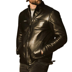 Round Snap Tab Collar Cowhide Black Leather <b>Jacket</b> Full Sleeves Ribbed Leather <b>Jacket</b> with Zippered Cuff Stylish <b>jacket</b> <b>for</b> <b>men</b> - Product Image 5