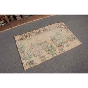 Tapis turc vintage 1.7 X 2.6ft fait à la main en laine bleu beige avec motif abstrait rectangulaire en peluche pour chambre à coucher - Product Image 5