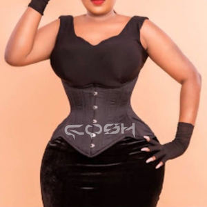 Corset sous-poitrine noir à hanches larges, corset de formation de la taille à laçage serré avec armatures en acier et fermeture à busk avant - Product Image 5