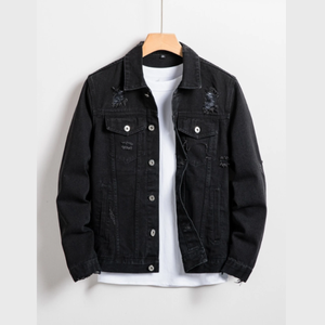 100% Export Quality <b>Denim</b> Fabric Regular Fit Long Sleeve Casual Collar <b>Black</b> Cotton Button Front Plain Ripped Jeans <b>Denim</b> <b>Jacket</b> - Product Image 1