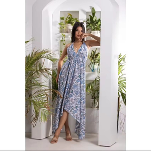 Robe imprimée à la main pour femmes Robe d'été Bleu et blanc mi-longueur Robe florale en coton sans manches faite à la main en Inde - Product Image 1