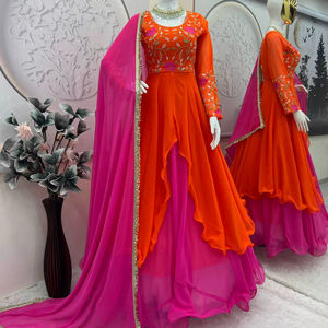 ชุดเดรส Anarkali ผ้าจอร์เจตต์เนื้อหนาปักลายสีส้มชมพู พรีเมียม ยูนิตี้ ลักซ์ชัวร์ พร้อมผ้าคลุมไหล่ดีไซเนอร์ สำหรับงานปาร์ตี้ฤดูร้อน ระบายอากาศได้ดี - Product Image 1