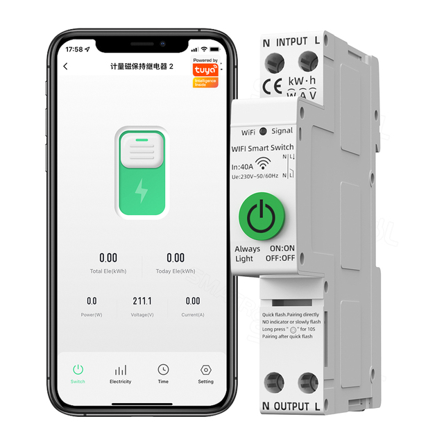 UEMON 50A Wi-Fi Smart Switch Home & Garage TUYA Energy Meter KWh Metering Circuit Breaker with Timer Voltage Current Monitor