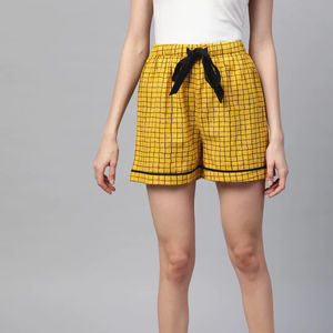 Comfortable <b>Womens</b> Yellow Cotton Slub <b>Checkered</b> Printed <b>Shorts</b> Regular Fit Casual Bottom Wear For Daily Summer Home Travel Use - Product Image 1