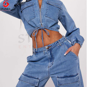 ชุดเดรสคุณภาพสูง เสื้อผู้หญิงและกางเกงยีนส์ ชุดเซ็ตผ้าฝ้ายเดนิมสำหรับผู้หญิง สไตล์ล่าสุด ชุดลำลองสำหรับผู้หญิง - Product Image 2