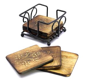 High Quality Wooden Square Coasters Metal <b>Stand</b> <b>PC</b> Material Free Table Mat/Pad Wedding Home Restaurant Hotel-Wholesale Price - Product Image 1